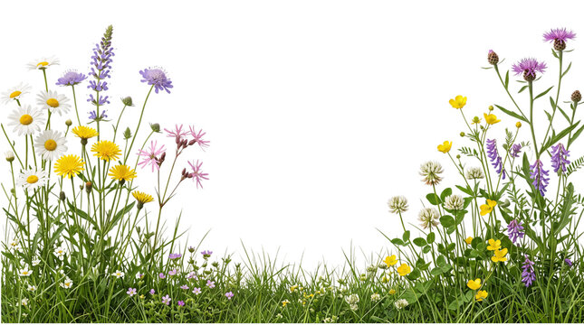 Colorful wildflowers and green grass border isolated on transparent background