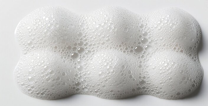 White soap foam bubbles texture on plain background. Clean suds from shampoo detergent create soft bubbly surface. Liquid soap lather used for hygiene, washing, skincare. Pure bubbly foam for beauty