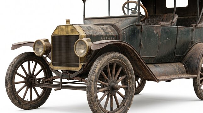 Vintage rusted automobile showcasing weathered brass details and decaying wooden spoke wheels during daytime photography studio lighting against a clean isolated white background