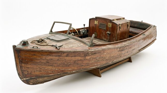 Handcrafted wooden boat model featuring intricate details such as a tiny steering wheel, miniature metal fittings, and polished planks displayed against a clean white background