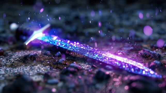 Magical Sword With Sparkling Blade and Glowing Aura on Wet Ground During Rainy Atmosphere with Colorful Light Effects