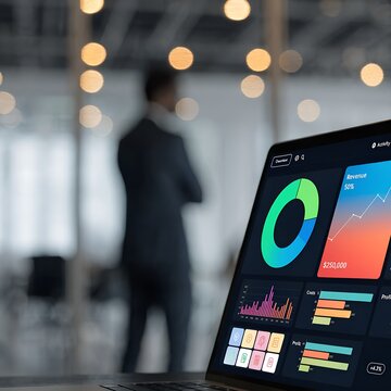 Laptop screen showing business analytics dashboard with charts