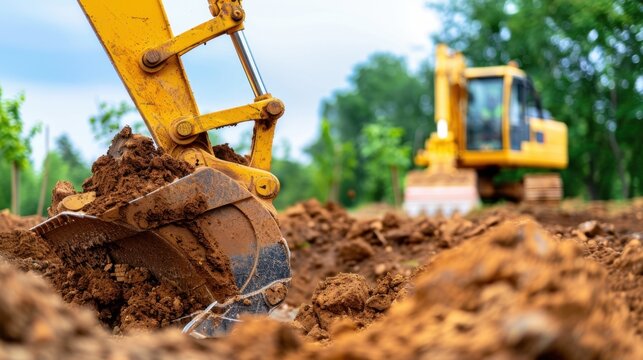 Excavator Scoop Lifting Earth Soil on Construction Site with Heavy Machinery in Background Under Blue Sky