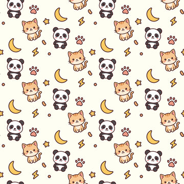 Cute kawaii panda and cat seamless pattern with celestial elements