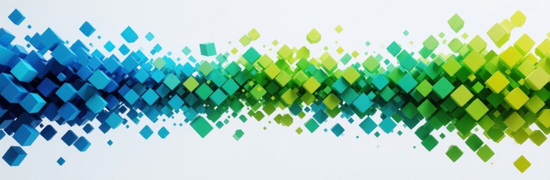 Abstract digital art with blue, green exploding pixels on white background. Dynamic 3d geometric cubes form wavy wave pattern. Modern graphic design for tech web banner, creative wallpaper futuristic