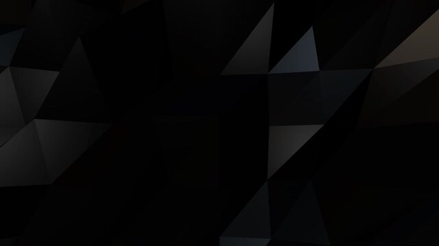 Elegant black abstract geometric polygon motion background. Seamless looping 3D low poly dark surface with smooth moving lights.