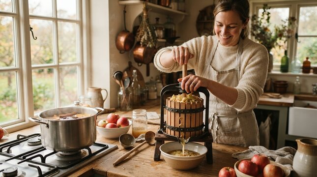 Woman making apple cider using a traditional press in a rustic kitchen.