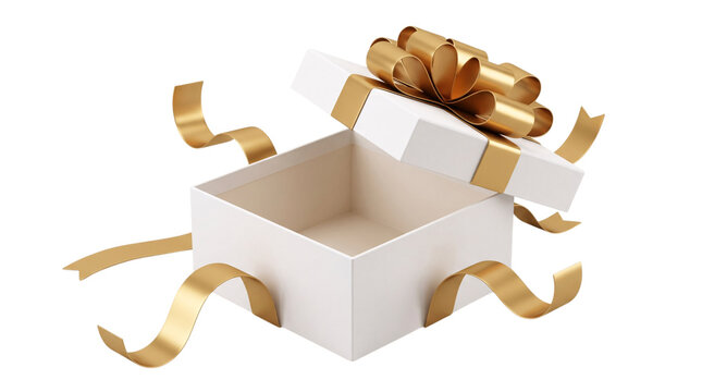 Open white gift box with golden ribbon and isolated on transparent background