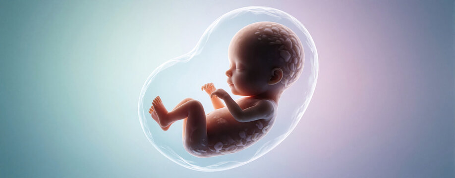 Human fetus develops inside amniotic sac within womb. Tiny unborn baby grows in uterus during pregnancy. Medical 3D illustration shows embryo life stages, prenatal development, fertility science.