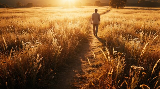 Man walks alone on dirt path through golden wheat field at sunset. Lone male explores rural meadow during golden hour. Peaceful spiritual journey through nature with warm sunlight, prayerful