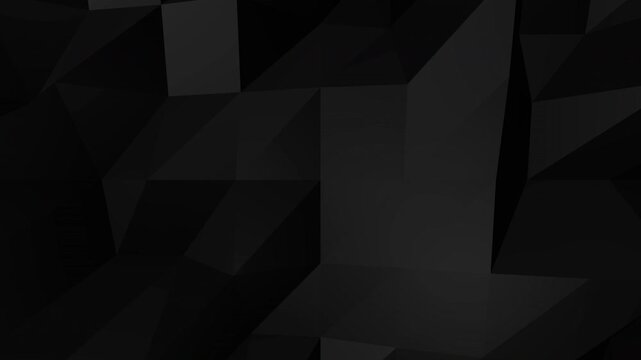 Elegant black abstract geometric polygon motion background. Seamless looping 3D low poly dark surface with smooth moving lights.