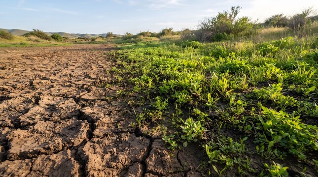 Dry cracked soil transitioning into healthier ground with fresh green plants, creating a visual representation of land restoration, ecological recovery, and soil regeneration