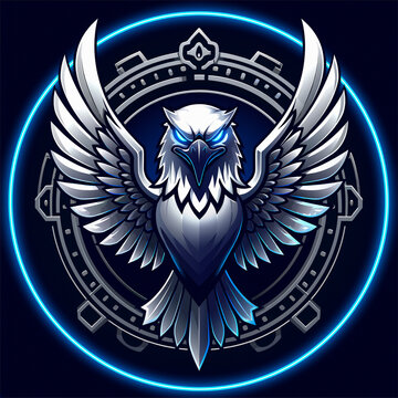 Metallic eagle emblem with glowing blue eyes on a dark background