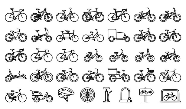 Bicycle and Cycling Transport Thin Line Vector Icon Set