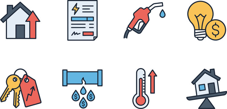 Inflation and rising living costs icon set featuring energy bills gas prices housing market trends and high utility expenses for households
