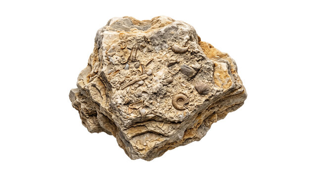 Fossiliferous limestone rock containing various marine fossils including ammonites and crinoids isolated on transparent background