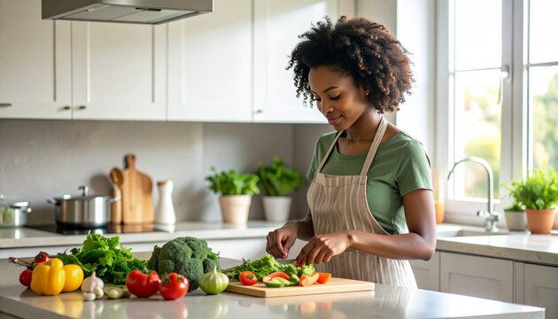 Young Black Woman Soft Home Cooking Vegetables