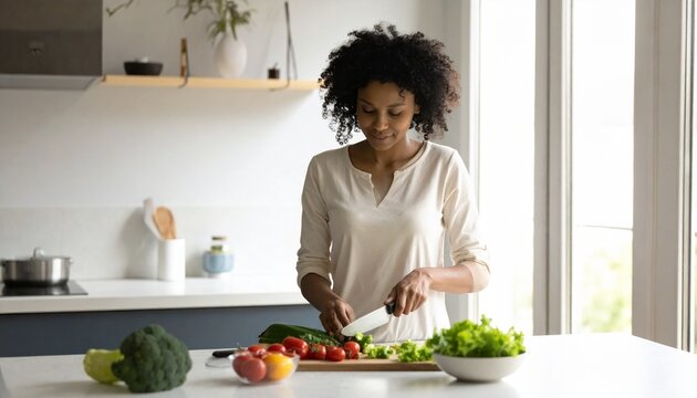 Young Black Woman Soft Home Cooking Vegetables