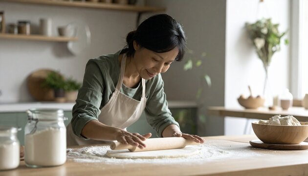 Middle-Aged East Asian Woman Soft Rolling Dough