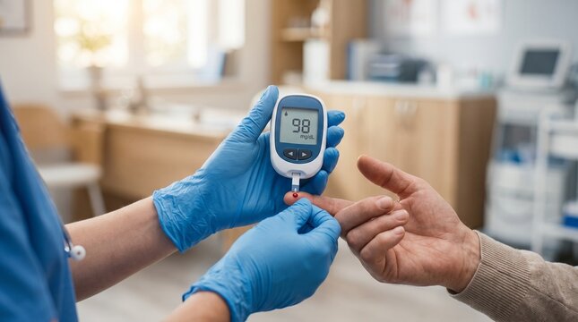 Doctor measuring patient blood glucose level with glucometer in medical clinic