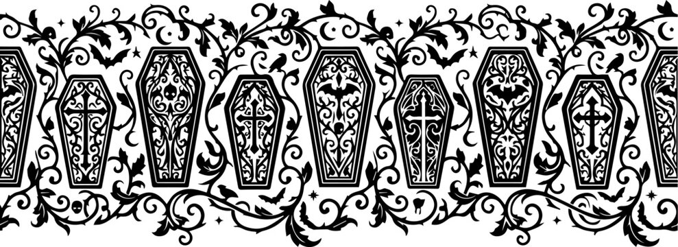 Halloween coffin border with spooky vines and bats black and white design