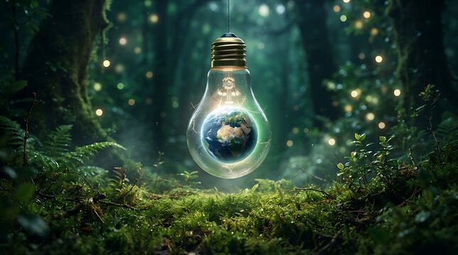 Floating light bulb containing planet earth in a mystical dark forest