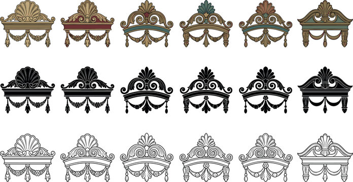 Vintage Baroque pediment vector set featuring colored silhouette and outline rococo window lintel crowns isolated on white background for architectural design