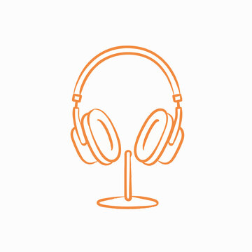 Headphones in Orange Line Art on a Minimalist Stand Icon