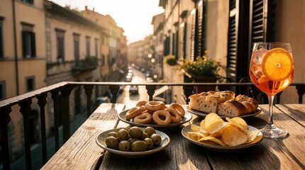 Fototapeta premium Orange cocktail with orange slice served on balcony at sunset. Appetizers like olives, chips, focaccia bread on wooden table. Italian urban street view background. Happy summer vacation mood with