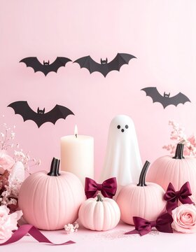 Cute Pink Halloween with Ghosts and Pumpkins