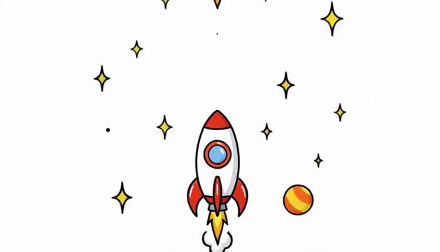 Cartoon rocket ship launching into starry night sky space exploration concept with planets and stars simple vector illustration for childrens books and games