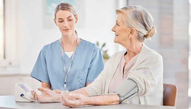 Mujer con uniforme sanitario midiendo la presi&oacute;n arterial a una mujer mayor