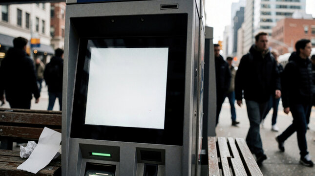 Close up of transit ticket machine on city street. Digital screen shows fare increase for adult single journey. People walk in background near public transport kiosk. Urban cost of living, inflation
