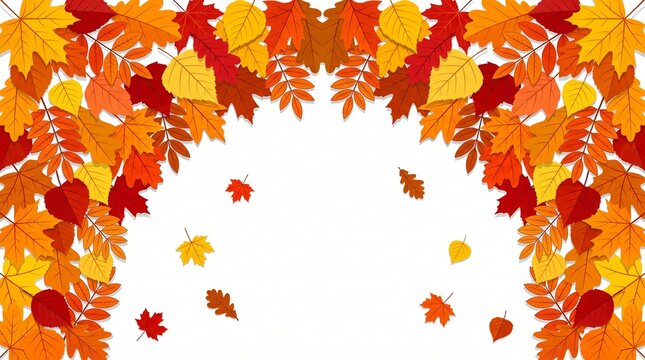 Vibrant autumn leaves frame creating beautiful seasonal border design featuring glowing red yellow orange and brown foliage arranged harmoniously around blank white background area perfect for fall gr