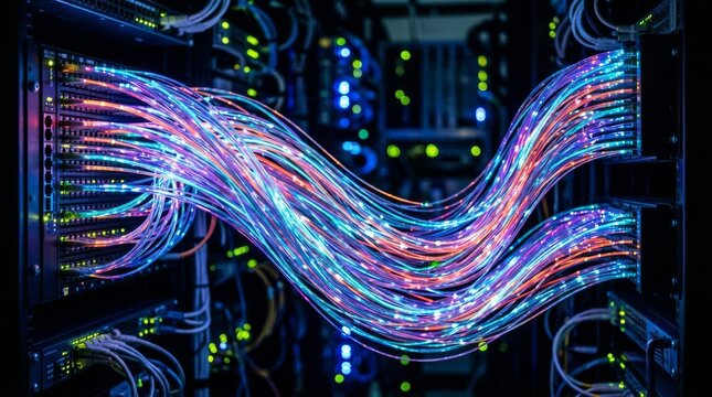 Colorful fiber optic cables glowing inside server racks with data