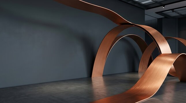 Modern copper abstract sculpture in a minimalist indoor gallery space