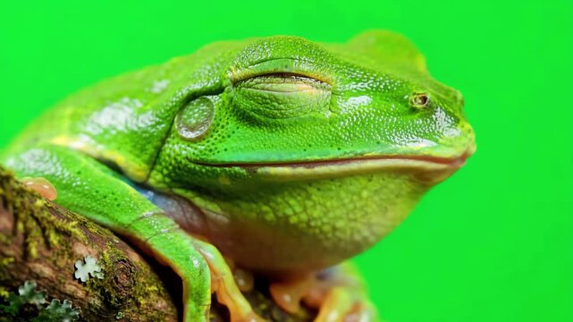 Detailed close up of a tropical green tree frog perched on a branch blinking and breathing against a solid chroma key green background
