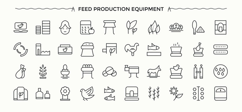 Feed Production icon set. Featuring feed, farm, food, agriculture, farming. Farm icon set. Simple line vector icons. Editable stroke. Vector collection.