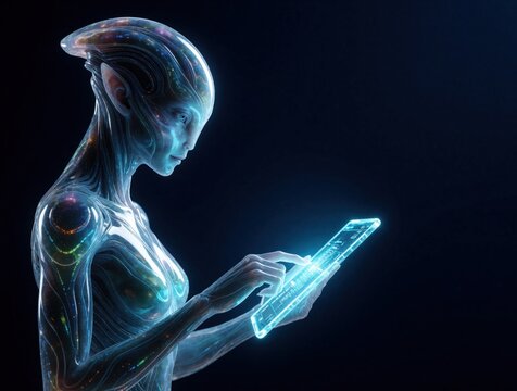 Alien humanoid uses holographic digital interface for data analysis. Translucent extraterrestrial creature interacts with glowing blue screen in dark space. Futuristic AI concept shows advanced