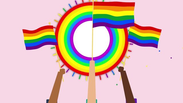 LGBT pride flags animation waving rainbow circle vector motion graphic