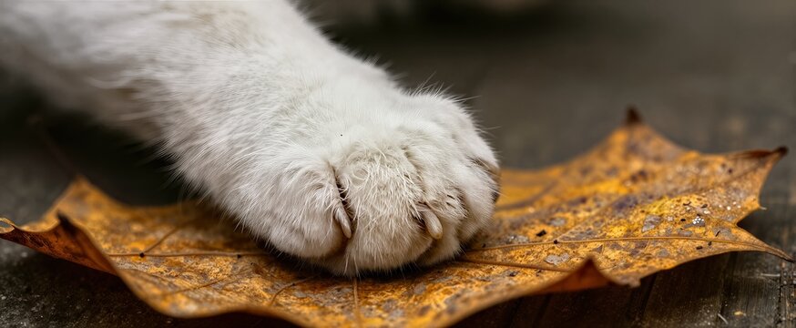 Captures Close Of White Cats Paw Resting On Single Dried Brown Leaf Main Subject With Fur Appearing Soft Fluffy Claws Slightly Curled