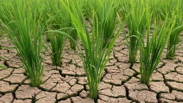 Green Grass Growing Through Cracked Dry Soil in Drought Conditions
