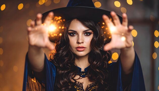 Mujer con sombrero de bruja y luz brillante entre las manos