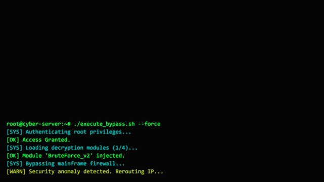 Dark mode hacker terminal UI injecting shellcode and bypassing mainframe firewall