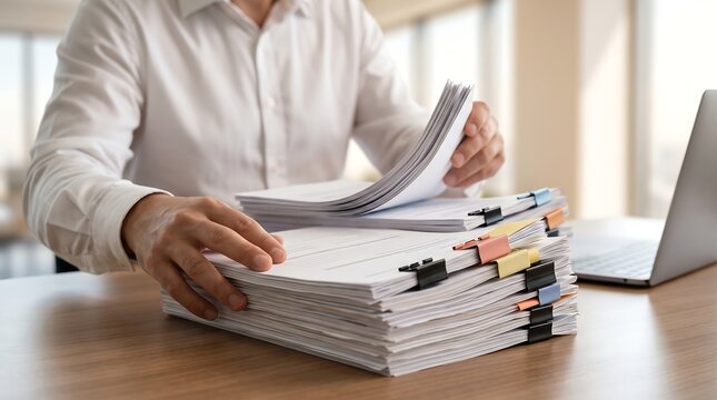 Person in white shirt organizing large stack of paper reports with colorful binder clips on wooden desk while working on laptop in bright open office space for administrative tasks