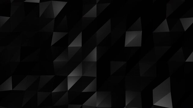 Elegant black abstract geometric polygon motion background. Seamless looping 3D low poly dark surface with smooth moving lights.