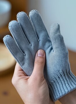 Close Of Persons Hands Holding Pair Light Blue Knitted Gloves Appear To Made Soft Woolen Material With Ribbed Texture On Wrist