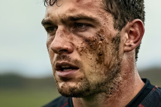 Depicts Close Portrait Of Male Individual In Late Twenties To Early Thirties Complexion Fair Rugged Appearance With Dirt Grime On Face