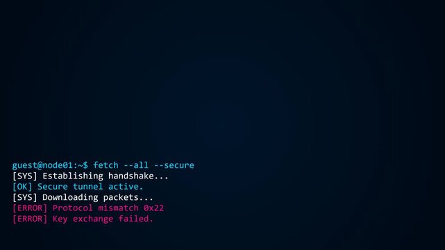 Dark mode Linux terminal UI showing server connection error and protocol mismatch