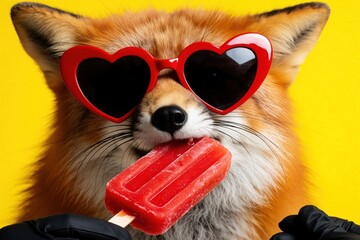 Obraz premium Cute red fox wears heart shaped sunglasses, eats red popsicle. Funny furry animal enjoys summer treat against bright yellow background. Playful wildlife character cool style with trendy eyewear, cold